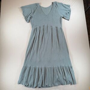 XL Sage Green Gauze Midi Dress Ruffle Hem Short Sleeve Casual Summer